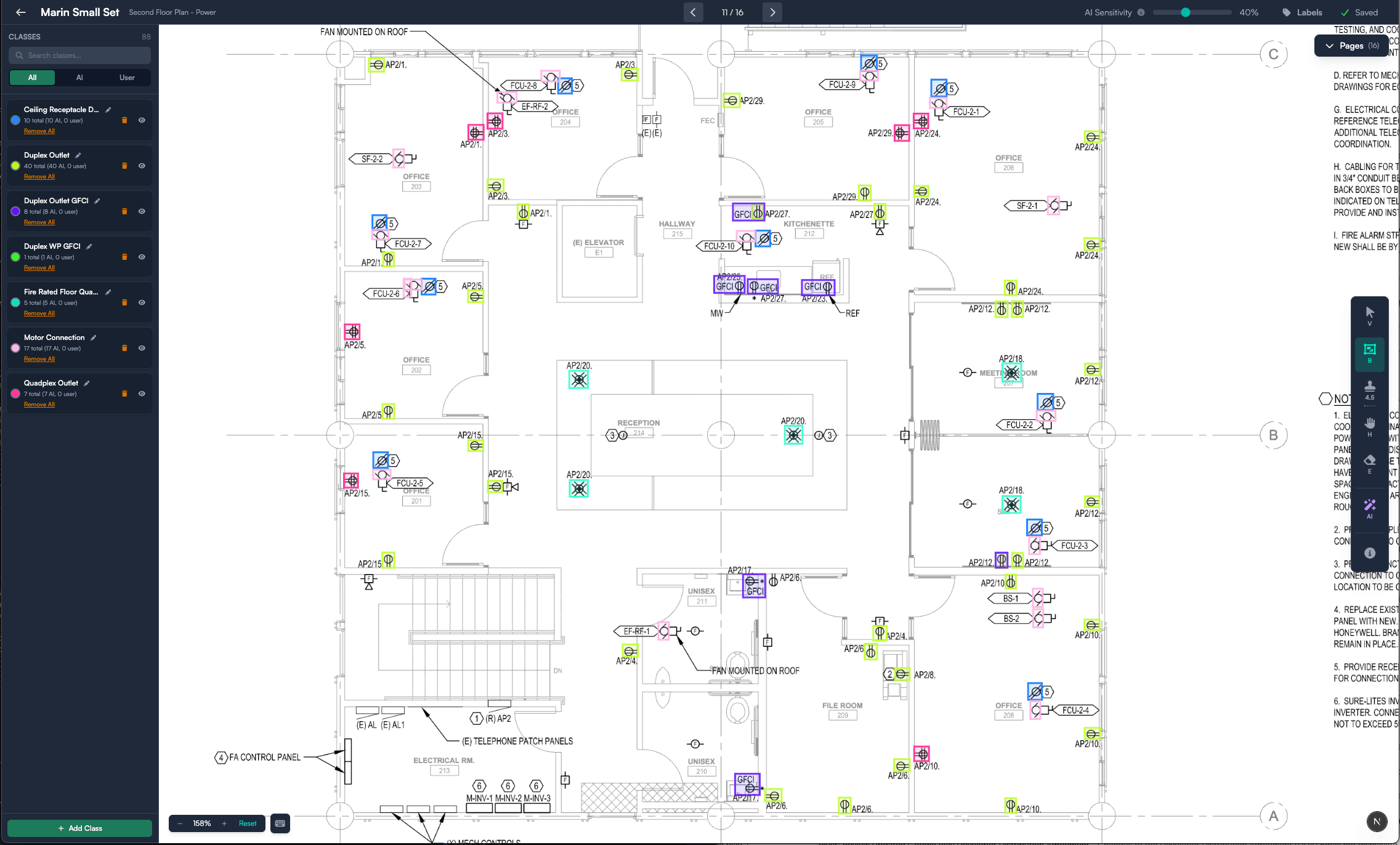 Plyer AI Takeoff Interface showing electrical plan with detected symbols and circuits